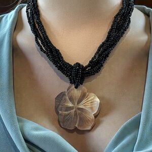 Multi Seed Bead Stranded Abalone Flower Pendant Statement Necklace
